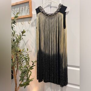 Black and Gold Sleeveless Fringe Dress with Braided Neckline